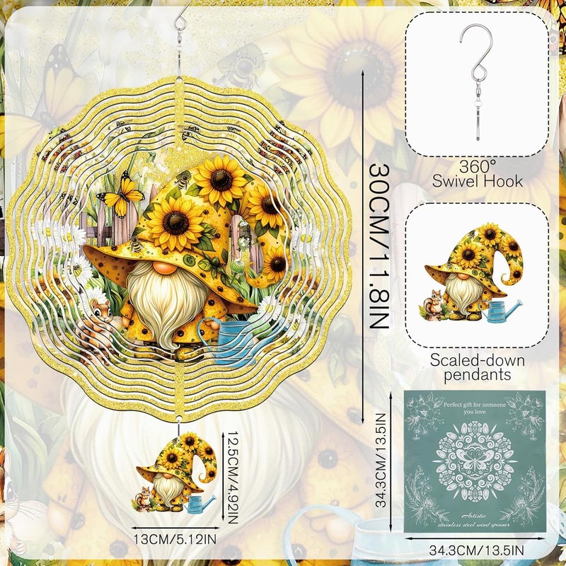 INCOK Gnomes Hanging Wind Spinner Outdoor - Gnome Gifts for Women, Stainless Steel Wind Sculpture Sunflower Art Ornaments with Card for Garden Balcony Patio Yard Lawn Decorations - Image 4
